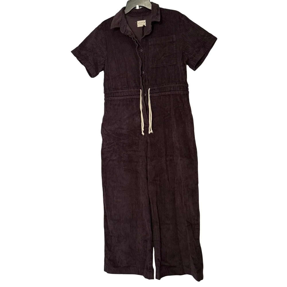 Offon Lenny Corduroy Jumpsuit in Eggplant Purple Loose Fit Short Sleeve Ankle